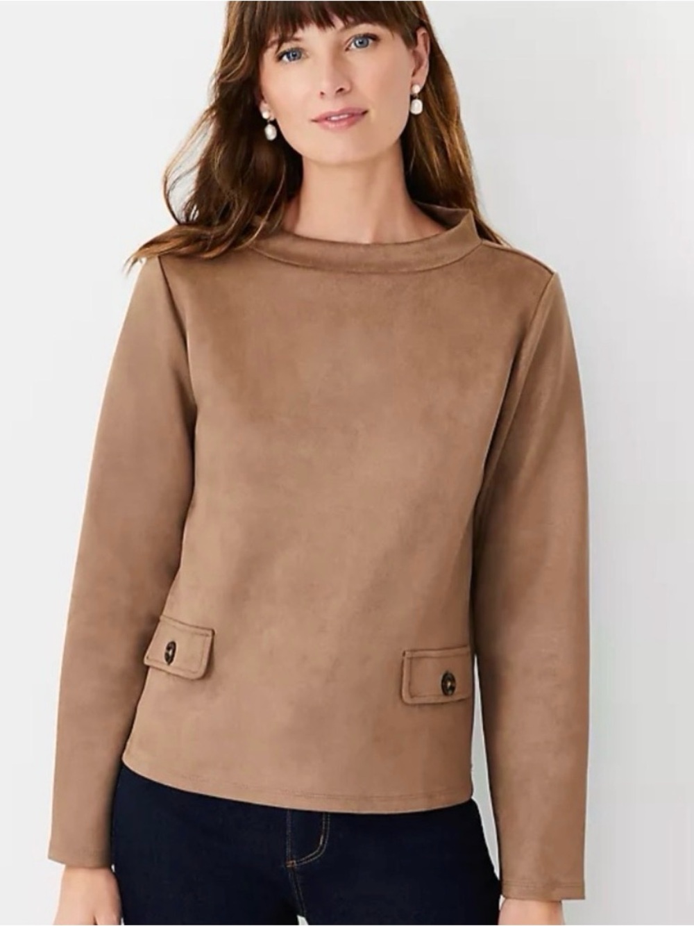 🍁 Fall Camel Faux Suede Funnel Neck Tan Long Sleeve Sweater Top Size S